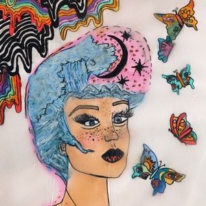 Laminated Painting. Girl w wave in hair,trippy art